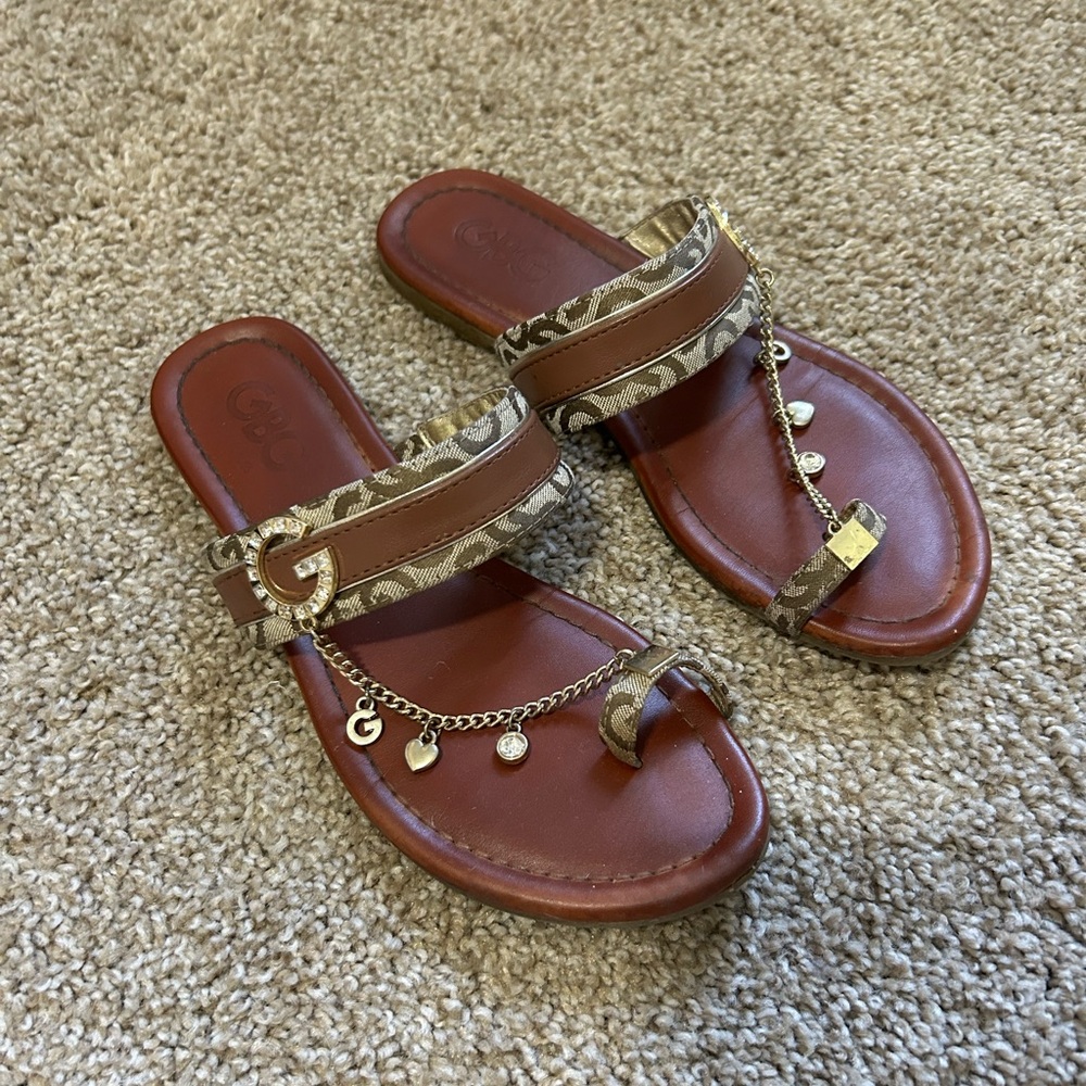 Guess Brown and Tan Sandals with Charm Accents